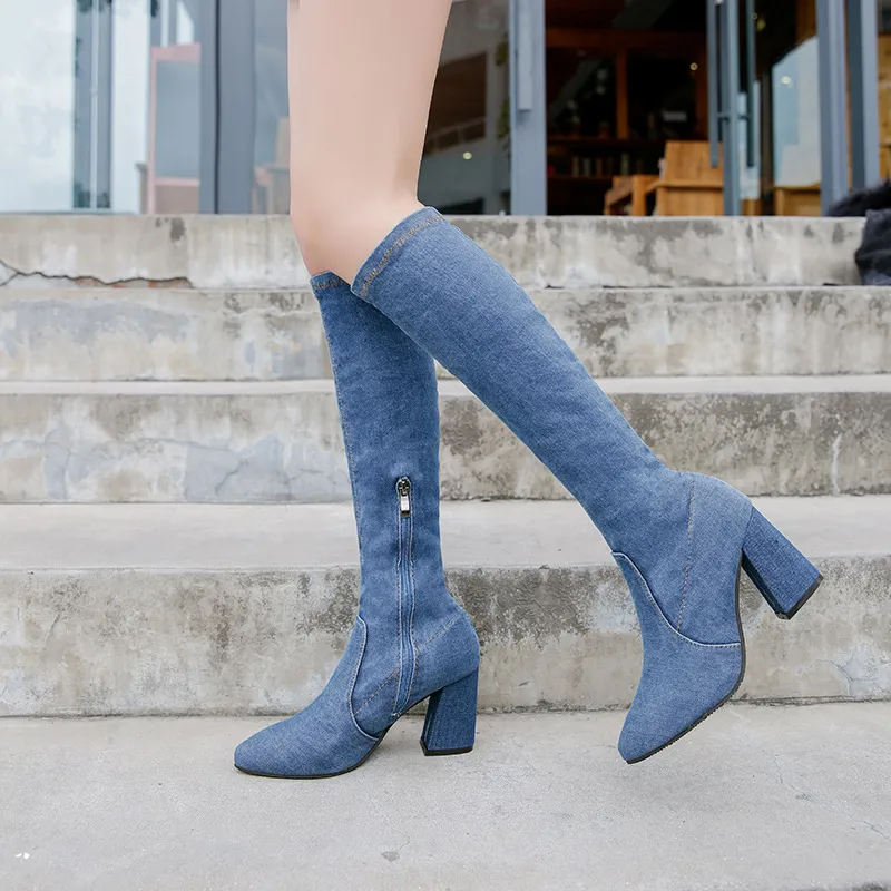 New women's boots Europe pointed denim in the tube was thin and thick with the side zipper large size Knight boots