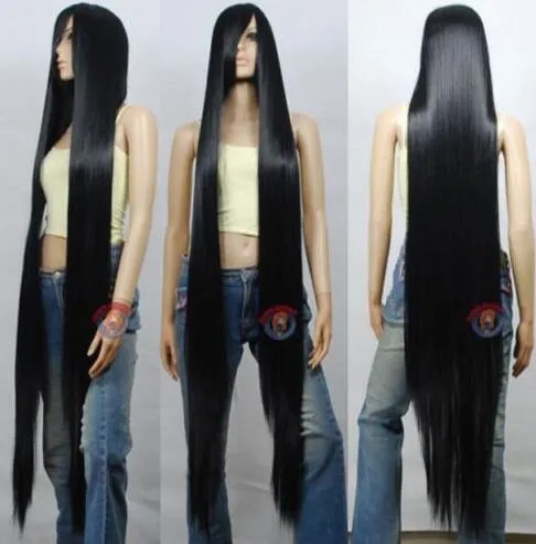 Frete grátis Encantador bonito Venda quente Qualidade Novo 150 cm Preto Styleable Extra Super Long Perucas Cosplay