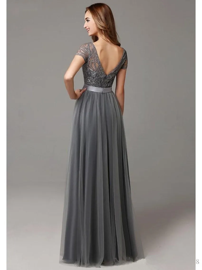 2020 Grey Lace Tulle Grey Bridesmaid Dresses Long With Cap Sleeves And Sheer Neckline Perfect For Formal Weddings And Parties From Hxhdress 46.24 DHgate.Com