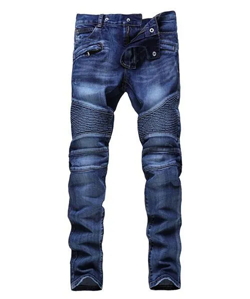 Fashion-Men nödställda rippade jeans modedesigner rak motorcykel cyklist jeans kausal denim byxor streetwear stil mens jeans cool