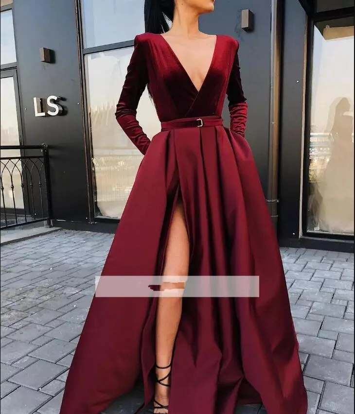 2019 Bourgogne Side Split aftonklänning Sexig en linje Deep V Neck Långärmar fläckar Holiday Wear Formal Party Gown Custom Made Plus Size