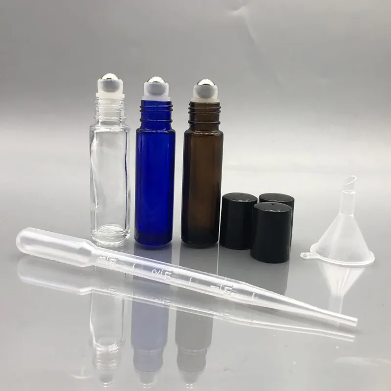 0.33oz 10 ml Boş Doldurulabilir Cam Rulo Siyah Kapaklı Şişeler Paslanmaz Çelik Rulo Topları W / Transfer Pipet Huni (Clear Amber Blue)