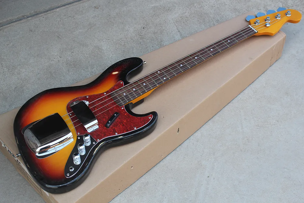 Fabriksanpassad 4-sträng tobak Sunburst Electric Bass Guitar med Red Tortoise Shell PickGuard Rosewood Fingerboardoffer anpassad