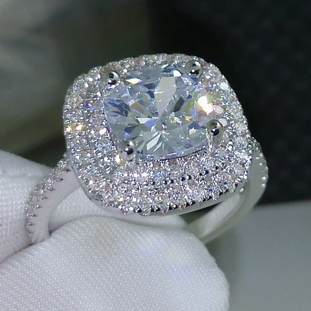 Vecalon 2016 패션 디자인 여성을위한 패션 디자인 약혼 결혼 반지 3CT 시뮬레이션 된 다이아몬드 CZ 925 스털링 실버 여성 밴드 반지