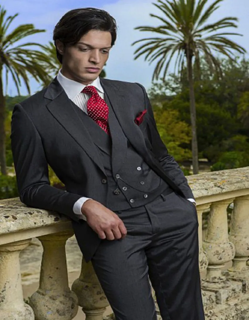 Classic Design Dark Grey Groom Tuxedos Notch Lapel One Button Groomsmen Mens Wedding Dress Excellent Man Suits(Jacket+Pants+Vest+Tie) 376