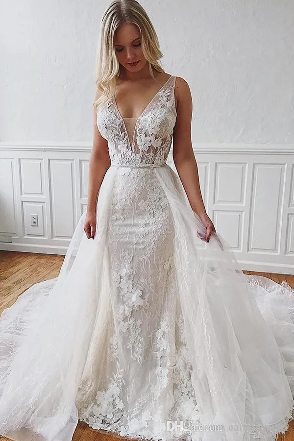 Sexig Elegant Mermiad Bröllopsklänningar med avtagbart tåg Djup V Neck Beach Plus Storlek Bröllopsklänning Bridal Gown Vestidos de Noiva