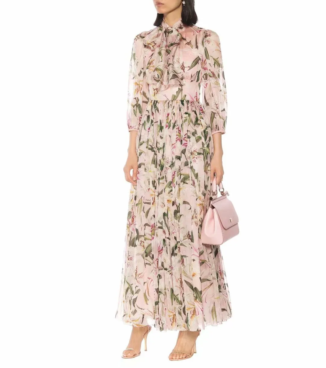 2019 Hösten Runway Klänning Märke Samma Style Dress Flora Print Långärmad Mid Calf Luxury Prom Fashion Women's Clothes As