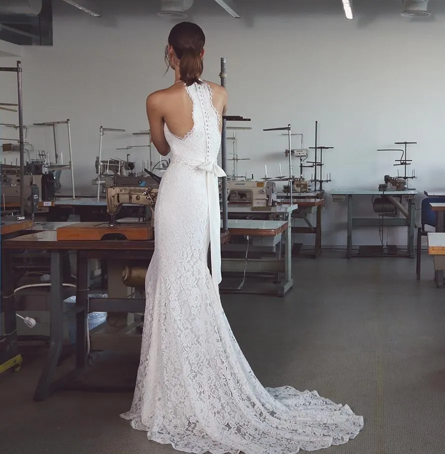 Vintage Halter mermaid wedding dress with Halter Neck, Sweep Train, Lace Trumpet, Bow Sash - 2020 Collection