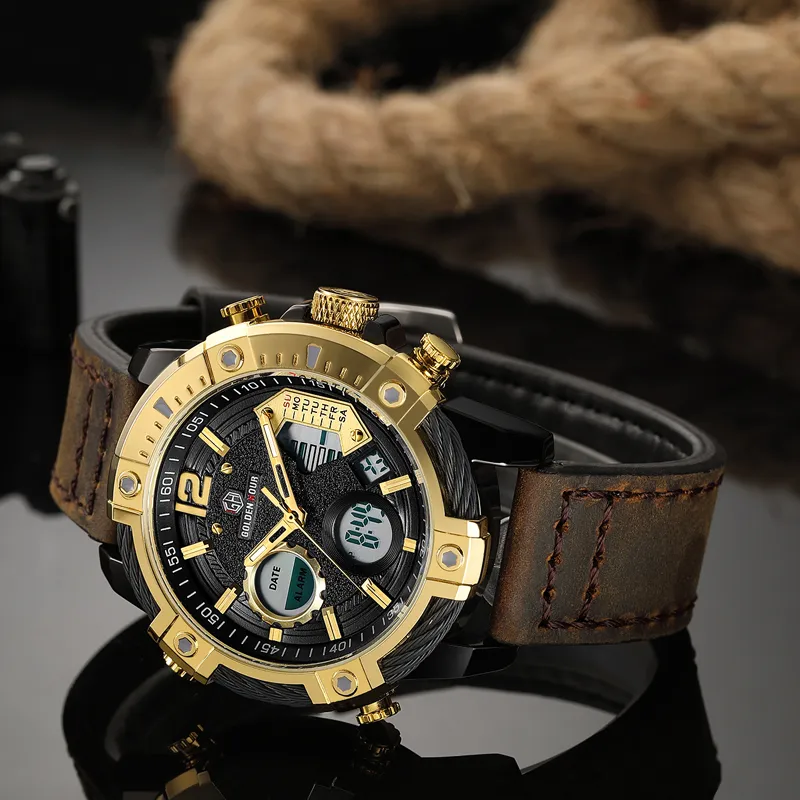 Reloj Hombre GOLDENHOUR hommes montre automatique Sport numérique étanche mâle horloge cuir armée homme montre Relogio Masculino329a