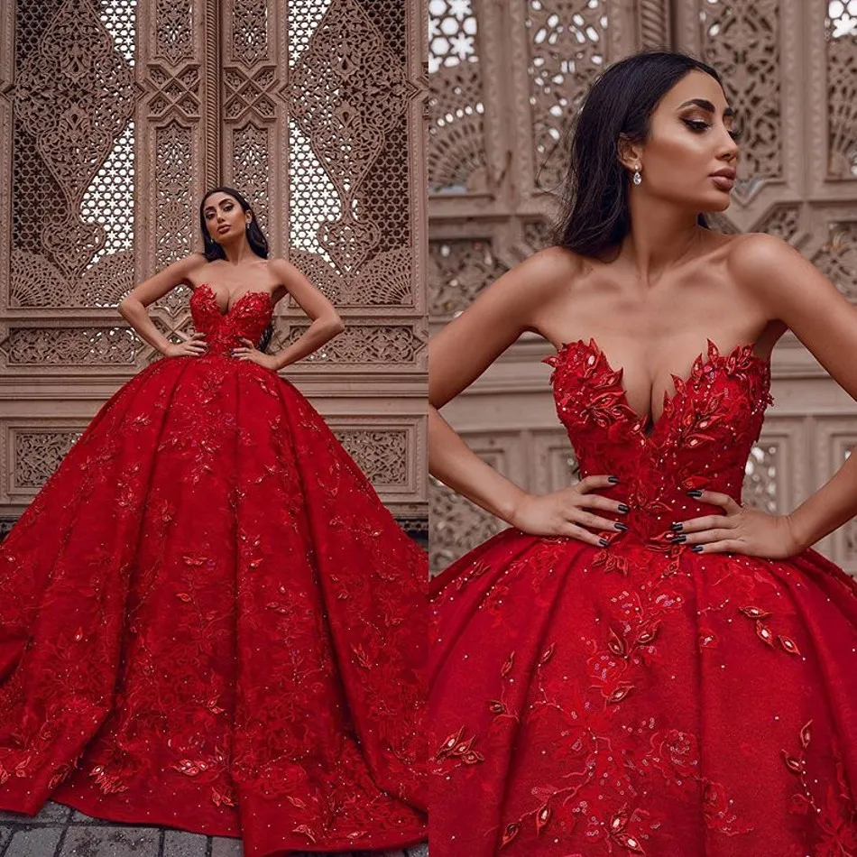 Red Puffy Ball Gown Quinceanera Dresses Sexy Sweetheart 3D Flower Lace Appliques Prom Dress Illusion Tulle Quinceanera Gowns