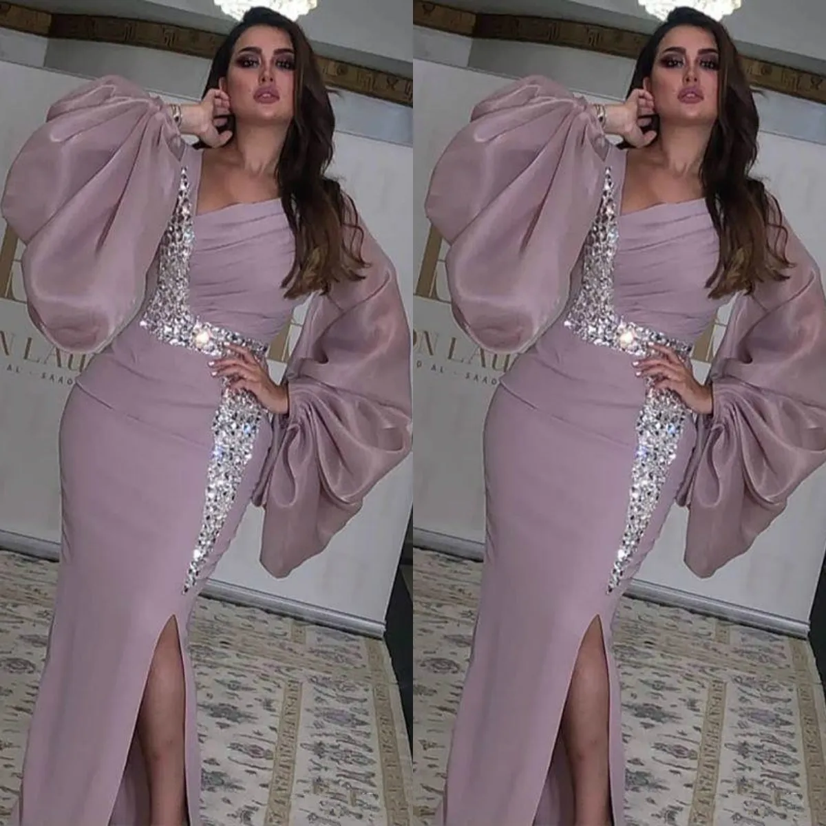 Side Split Saudi Arabia Long Sleeves Evening Dresses V Neck Kaftan Dubai Prom Formal Party Dresses Custom Made