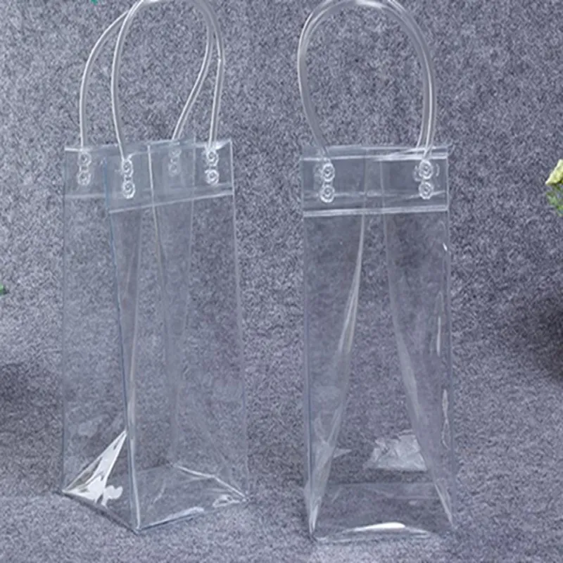 Plastic Ice Bag Single Bottle Ice Wine Cooler PVC Beer Cooler Bag Ice Gel Bag Clear Transparent Bags with Handle Beverage drinking