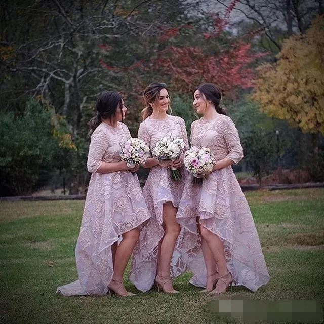 Bridesmaid Blush Pink Dresses High Low Jewel Neck Long Sleeves Lace Applique Maid of Honor Gown Country Wedding Guest Party Wear