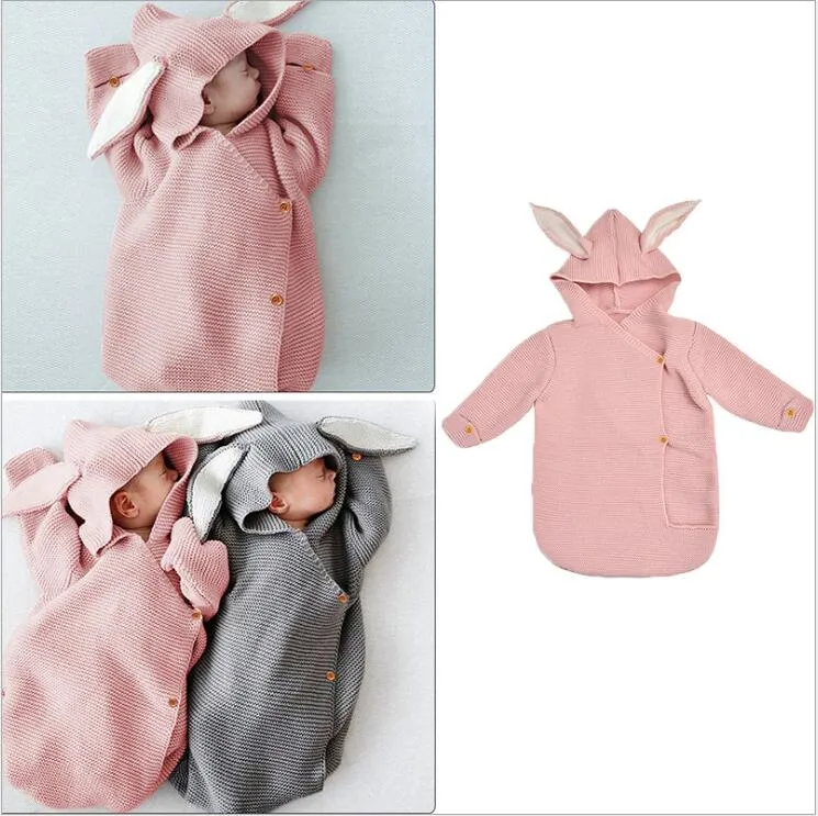 Newborn Rabbit Ear Sleeping Bags Baby Solid Knitted Wraps Infant Anti-kick Swaddles Button Winter Quilt Bedding Nightgowns Nightgowns D6985