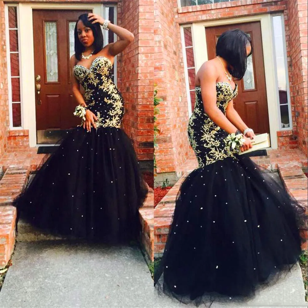 2019 Black And Gold Mermaid Black Tulle Prom Dress With Appliques