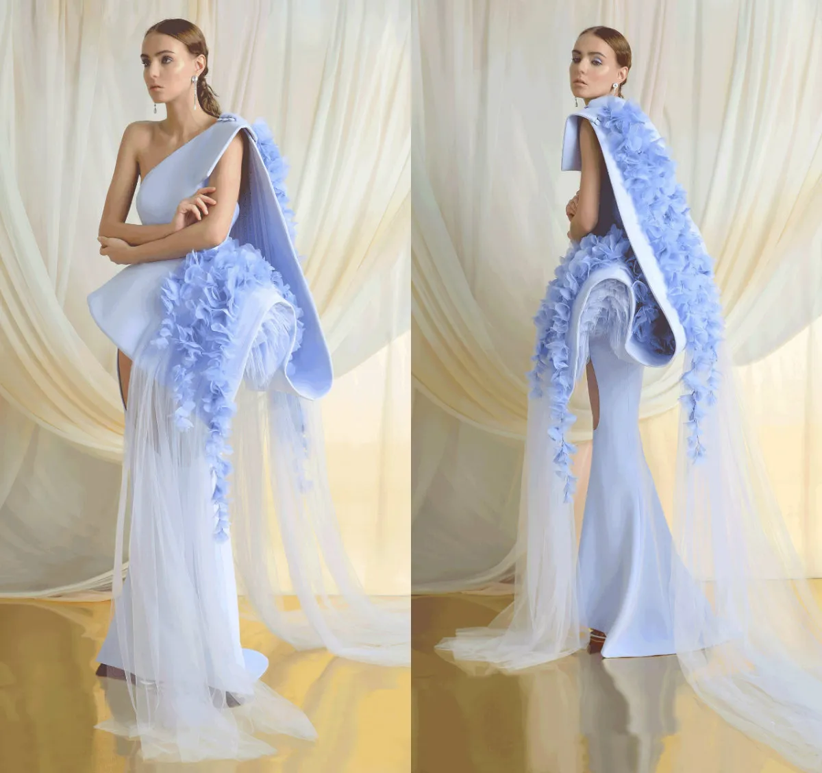 2019 Azzi Osta Blaue Ballkleider, Satin, Spitze, 3D-Blumenapplikation, eine Schulter, wunderschönes Abendkleid, Sweep-Zug, Mädchen-Festzug-Kleider