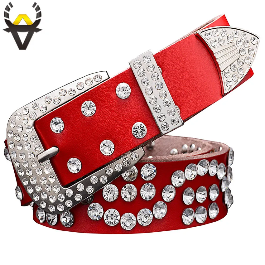 Moda Cintos de Couro Genuíno para Mulheres Unisex Rhinestone Pin Fivela Cinto Homens de Alta Qualidade Segunda Camada Cowskin