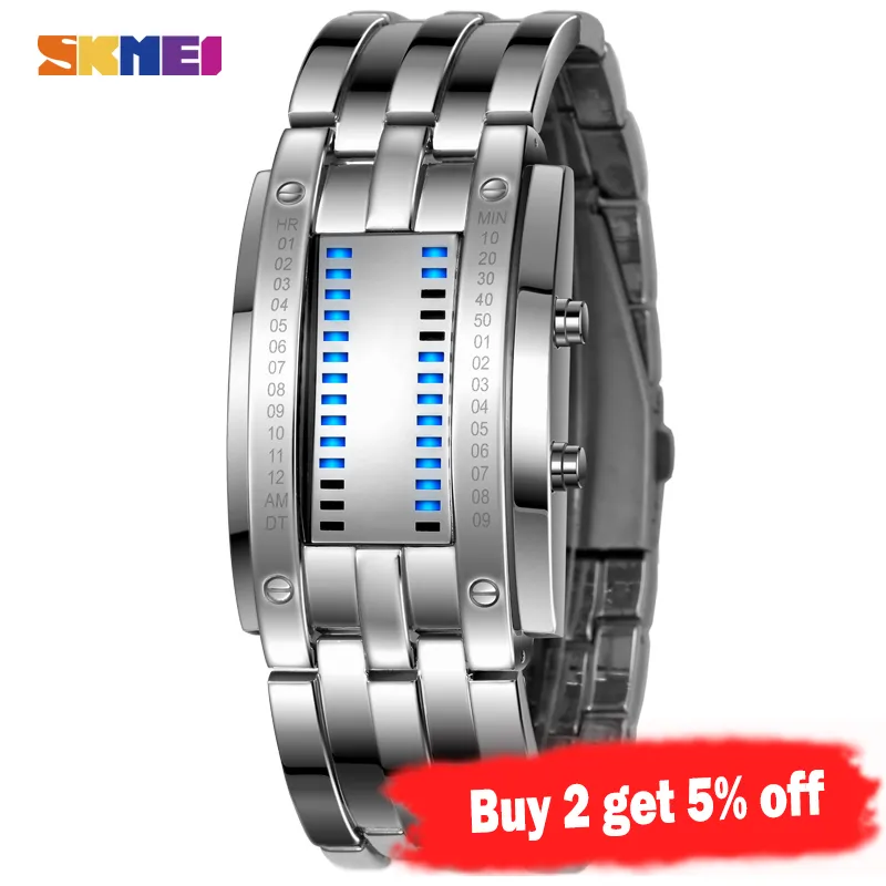 SKMEI Fashion Creative Sport Watch Men Stainless Steel Strap LED Display Watches 5Bar Waterproof Digital Watch reloj hombre 0926281H