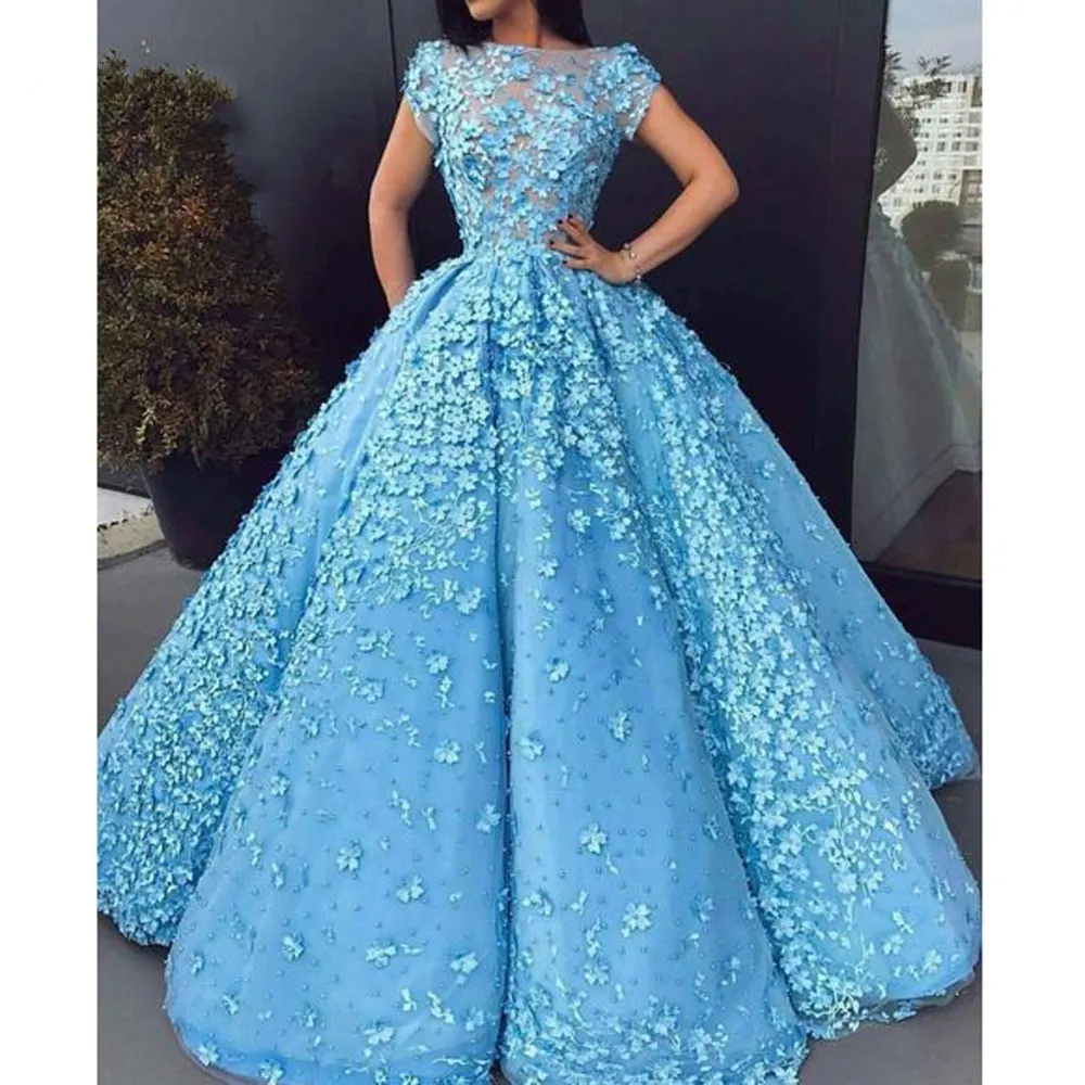 2024 New Gorgeous Sky Blue 3D Flower Ball Gowns Luxury Pearls Long Prom Dresses Saudi Arabic Prom Gown Short Sleeves Vestidos Longo
