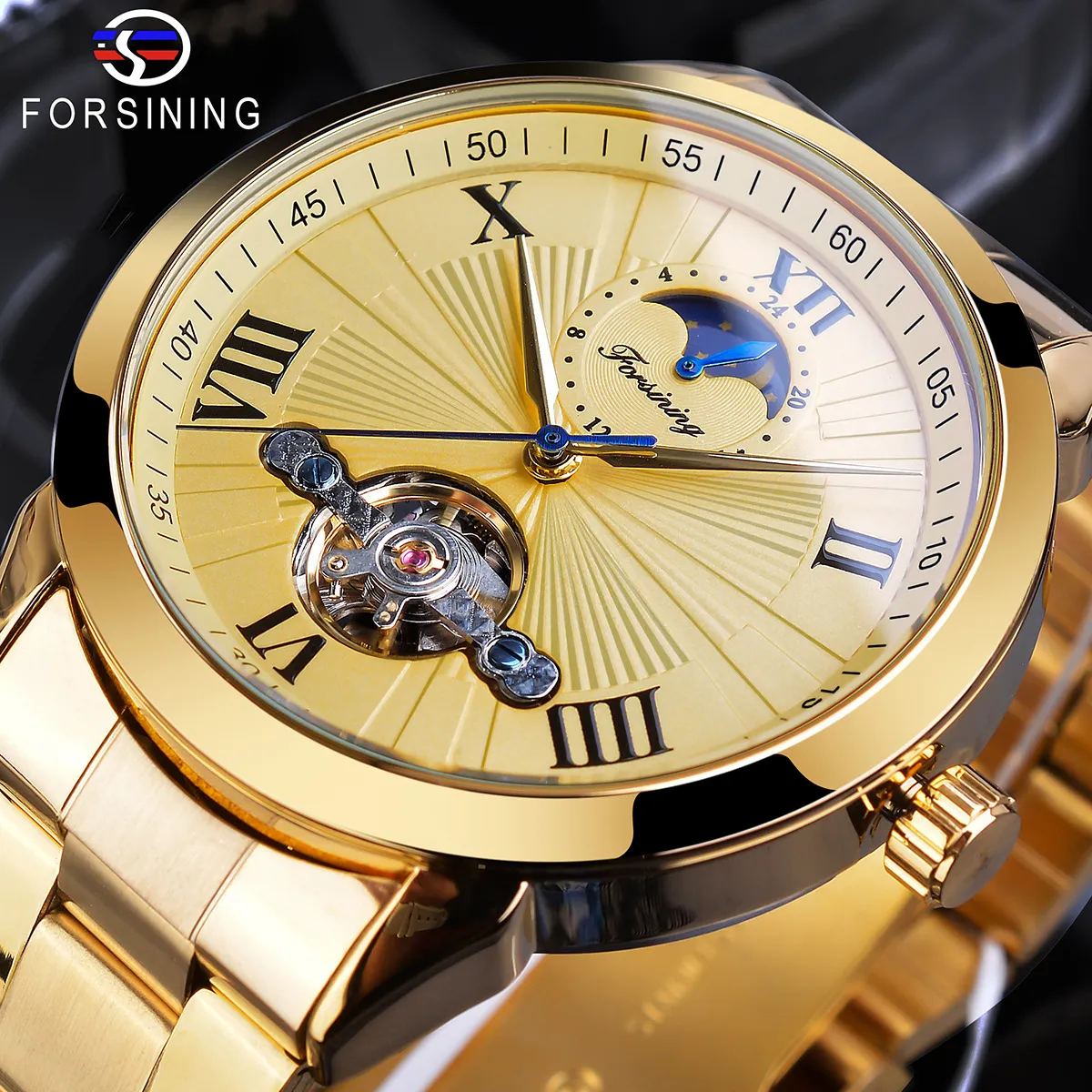 Forsining Skeleton Orologi per uomini Gold Gold Strap in acciaio inox Meccanico orologio da polso di lusso Luxury Moon Fase Tourbillon Watch Slze185