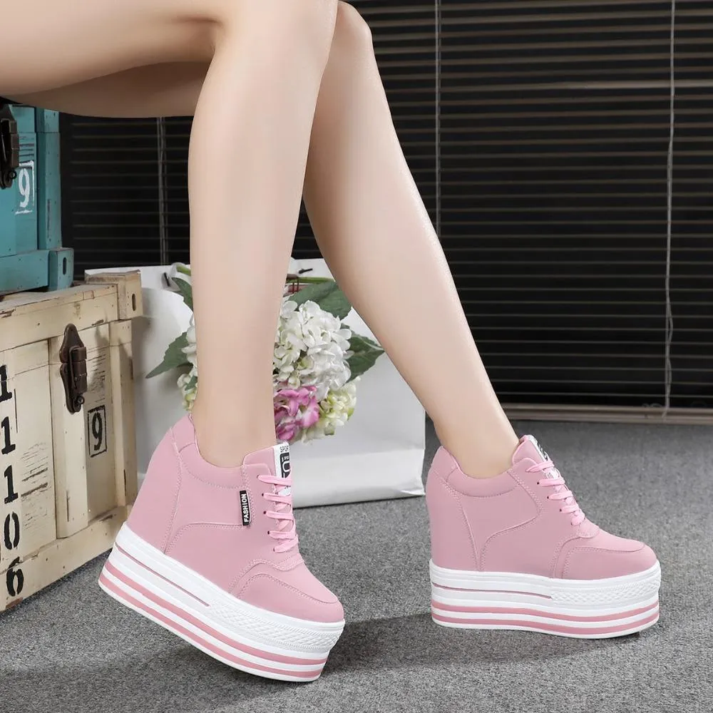 Hot Sale-2019 Lente Vrouwen Enkellaarzen Hoge Wig Casual Schoenen Vrouwelijke 12cm Verhoogde Hoogschoenen Vrouw Mode Platform Sneakers