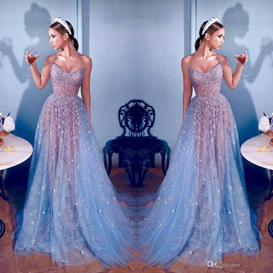 Elie Saab 2020 Nouvelles Paillettes Robes De Bal Chérie Perles Dentelle Dubaï Célébrité Arabe Illusion Longue Robes De Soirée Une Robe Formelle Pageant