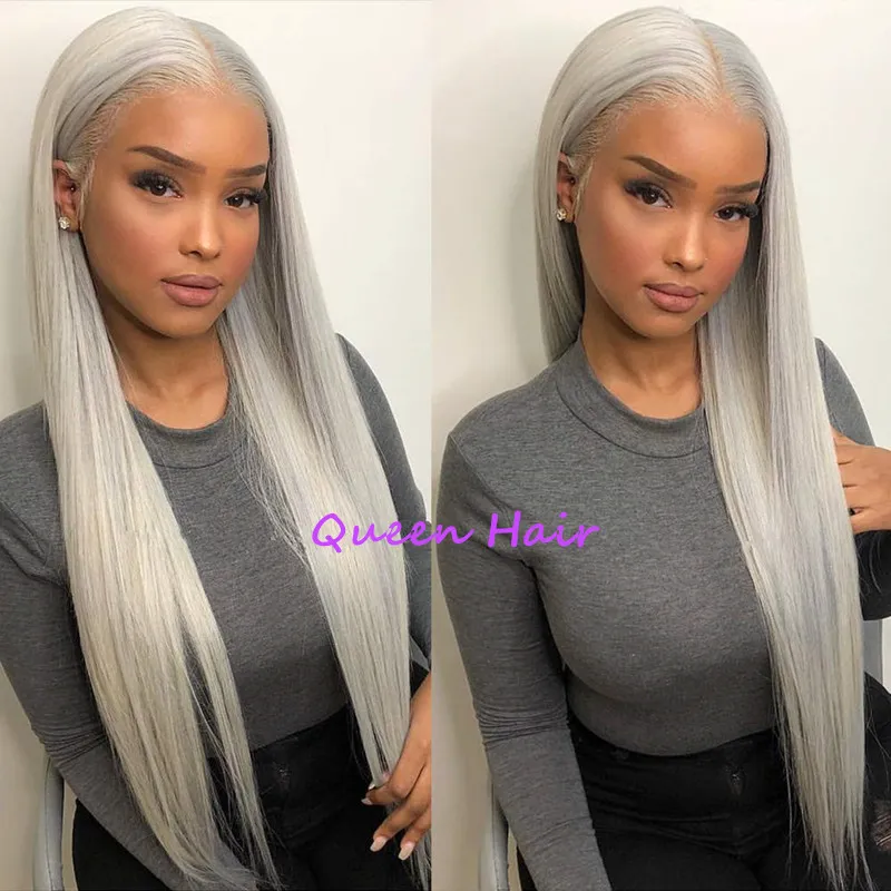 Ombre Grey Two Tone Color Top Grade Natural Straight High Density Heat Resistant Fiber Glueless Synthetic Lace Front Wigs For Black Women