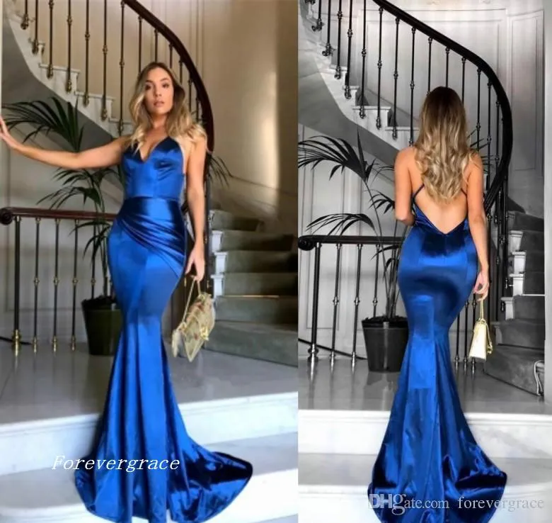 2019 Hot Sale Royal Blue Satin Mermaid Prom Dress baratos Backless Holidays Formal Wear Partido Evening Traje Académico Custom Made Plus Size