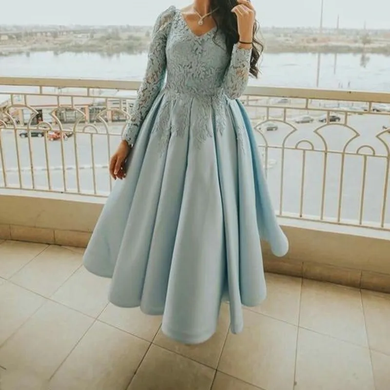 Light Blue Herbata Długość Party Formalne Suknie 2022 Z Koronką Z Długim Rękawem A-Line Draped A-Line Plus Size Prom Sukienka Evening Cocktail Suknie