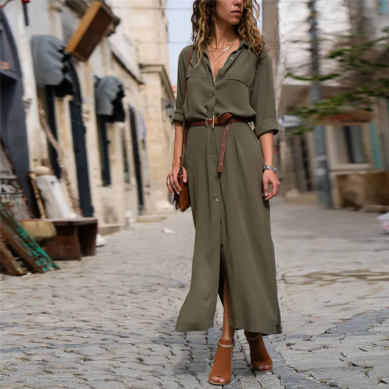 Combination Olive Green Shirt Dress Utcoco Womens Casual Loose Cotton Linen  Long Shirt Dress Lapel Button