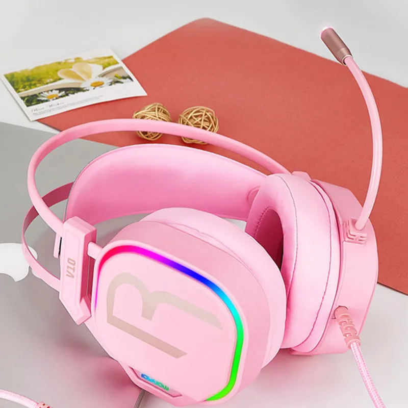 V10 Pink Girl Gaming Headset USB 7.1 Stereo PC Game Headset Brusreducerande hörlurar med mikrofon för telefondator