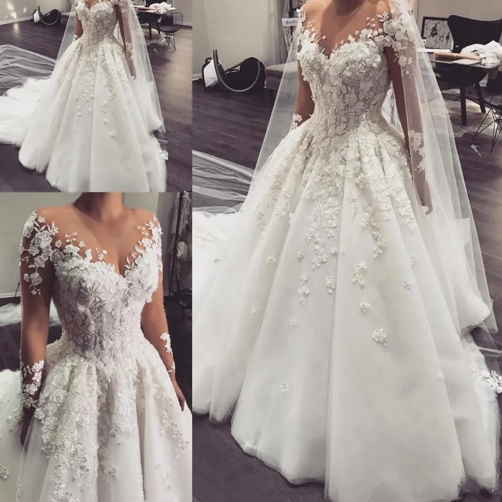 2024 New Luxurious A Line Wedding Dresses Sheer Neck Lace 3D Floral Appliques Long Sleeves Plus Size Court Train Puffy Bridal Gowns 403