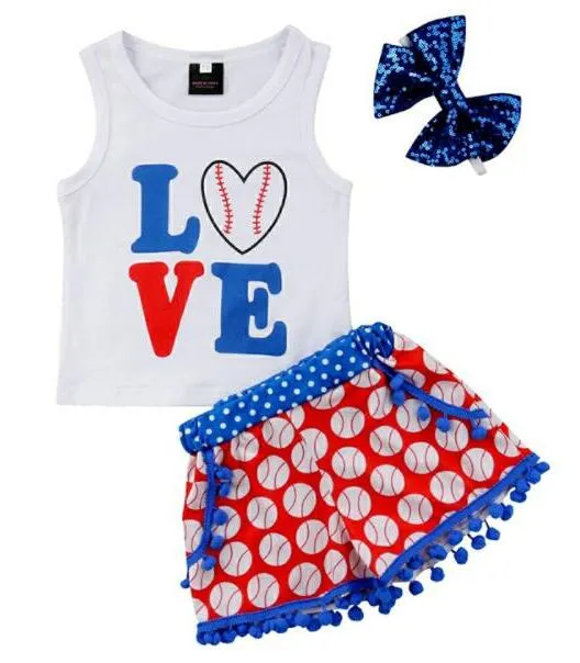 Baby Baseball Clothing Sets Kids Sleeveless LOVE Letter Print monogrammed shorts Shirt pants for Independence Day 3pc/set BY0991