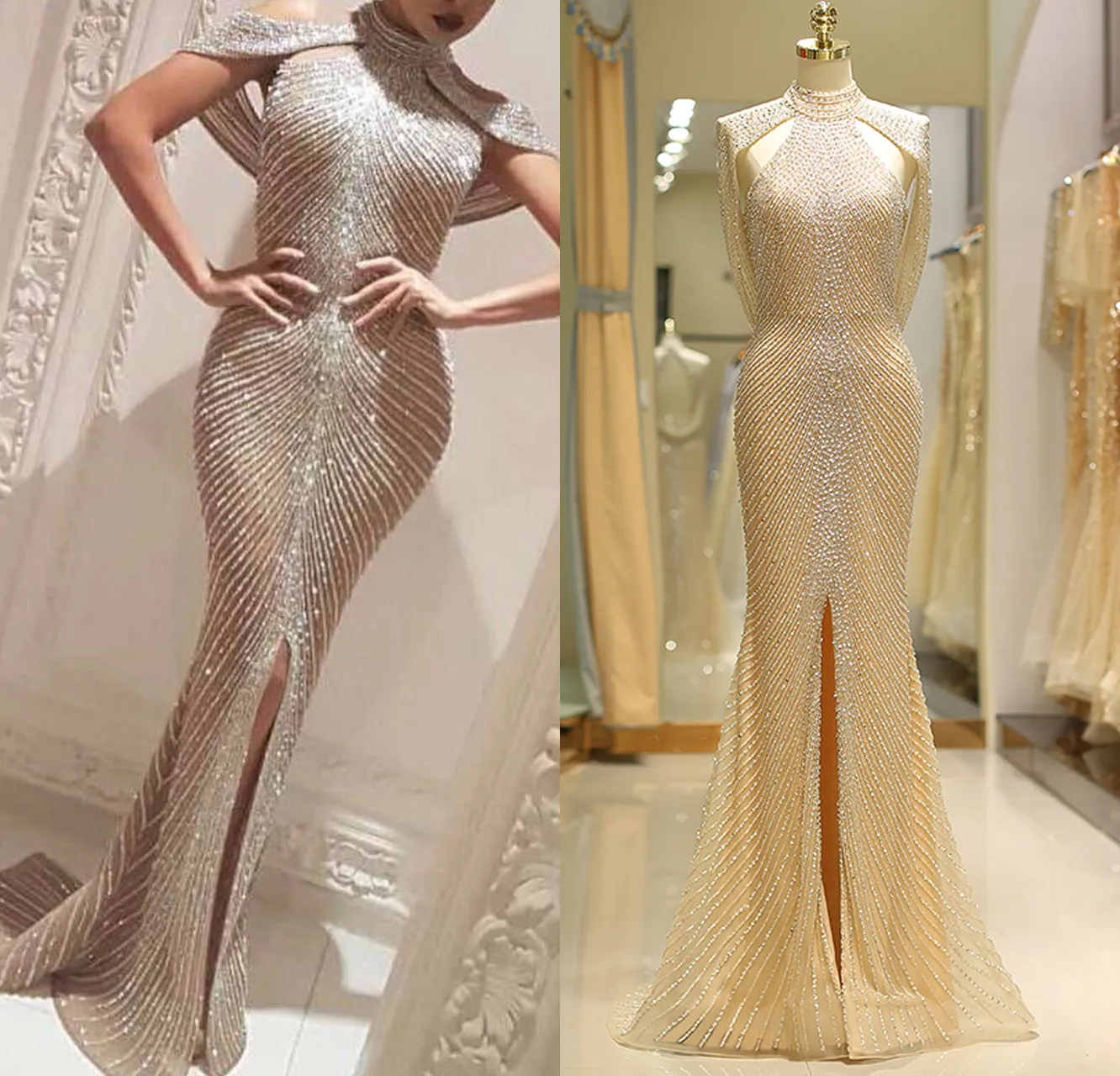 Yousef Aljasmi Avant Fente Champagne Robes De Soirée Robe Longue Cristal De Luxe Sexy Sirène Robes De Bal Col Haut Robes De Gala