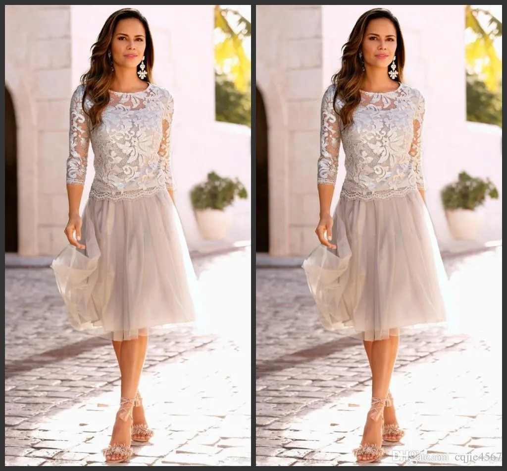 Gelin Modelleri Katmanlı Tül 3/4 Kollu Diz Boyu Wedding ucuz Dantel Anne Parti Elbise A Hattı Anne Elbise Custom Made 7