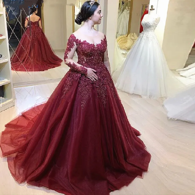 2020 Nova Bola Vestido Borgonha Vestidos de Noiva de Mangas Longa Lace Beaded Lace Tulle Ilusão de Ilusão de Vinho Vermelho Vestidos De Noiva Colorido Feito Personalizado