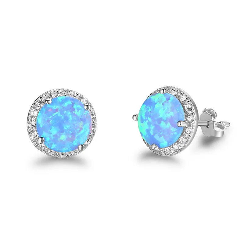 Ny Enkel 925 Sterling Silver Stud Örhängen Runda Blå Brand Opal Örhängen Med Kubik Zirconia Bröllop Smycken Gift