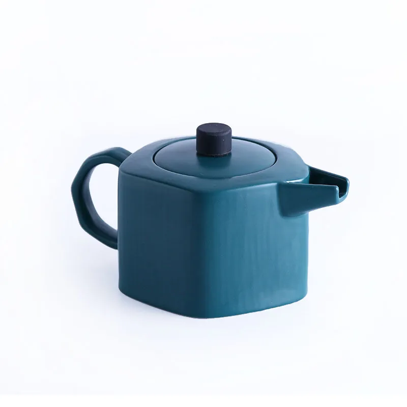 Service à thé pentagonal en céramique, théière, tasse à thé et soucoupe pour feuilles mobiles, fleur, vert mat, blanc, noir, bleu foncé