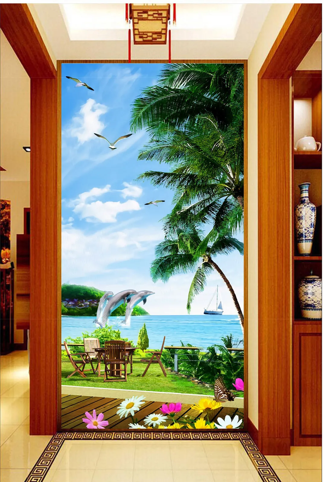 Custom Beach Coconut Grove Mooie Dolfijn Zeegezicht 3D Wallpaper Indoor veranda achtergrond wanddecoratie muurschildering behang