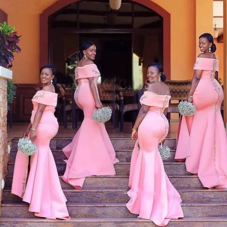 흑인 소녀 플러스 사이즈 신부 들러리 드레스 2019 어깨 스윕 기차 웨딩 게스트 가운 사용자 정의 인어 신부 들러리 드레스