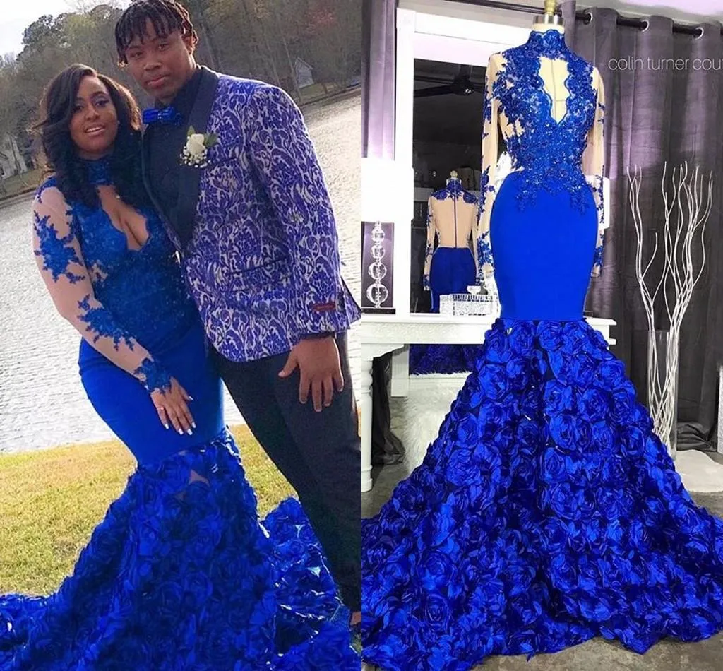 Royal Blue High Neck Mermaid Prom Klänningar 3D Blommor Lace Appliques Sheer Long Sleeves African Arabic Formal Party Evening Gowns