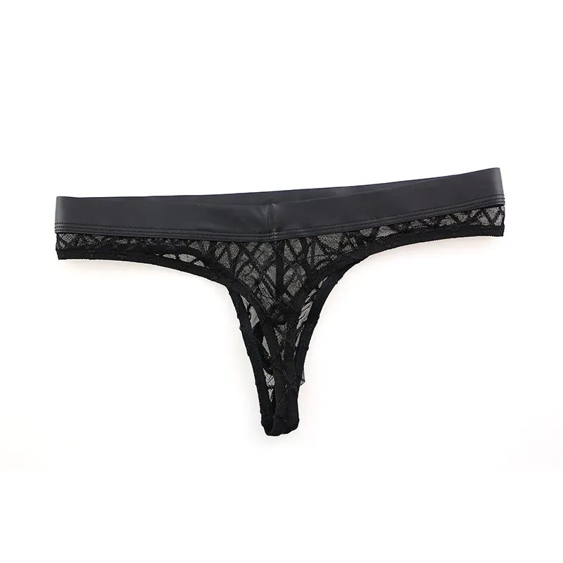 Nya Män Briefs Gay Thong Pouch Sexig Nylon Mesh Lace Underkläder Gay Sissy Buttocks Patent Läder Male Underbyxor Påse G-String