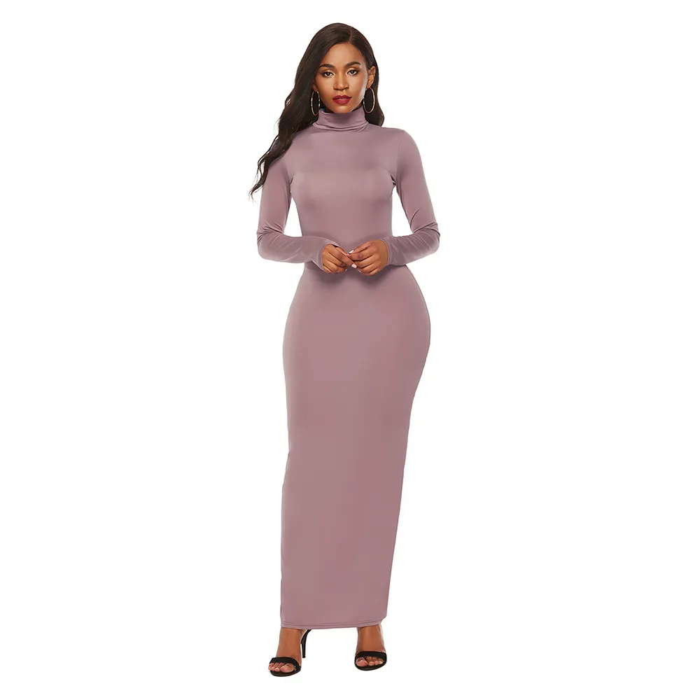 Lång Bodycon Höst Vinter Casual Dresses Slida Kvinnor Solid Färg Slim Turtleneck Maxi Dress Plus Storlek