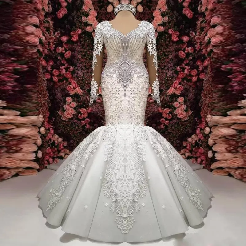 2024 Nuovi splendidi abiti da sposa sirena per la sirena a manica lunga artemetto a v-rovina in pizzo applique abito da sposa con fondo da sposa a rosa gonfia vestidos de noni