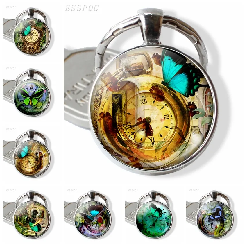 Butterfly and Clock Keychain Romantic Jewelry Butterfly Picture Glass Donme Pendant Metal Keyring Fashion Accessories for Women8612342