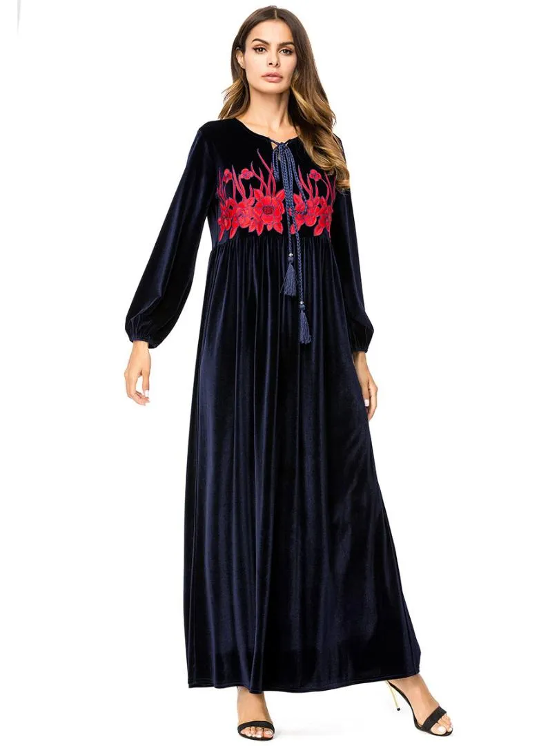 Ropa étnica Mujer Invierno Tradicional Marroquí Qatar Velvet Árabe Musulmán Vestido Vestido Mujer Robe Dubai Turco Islámico