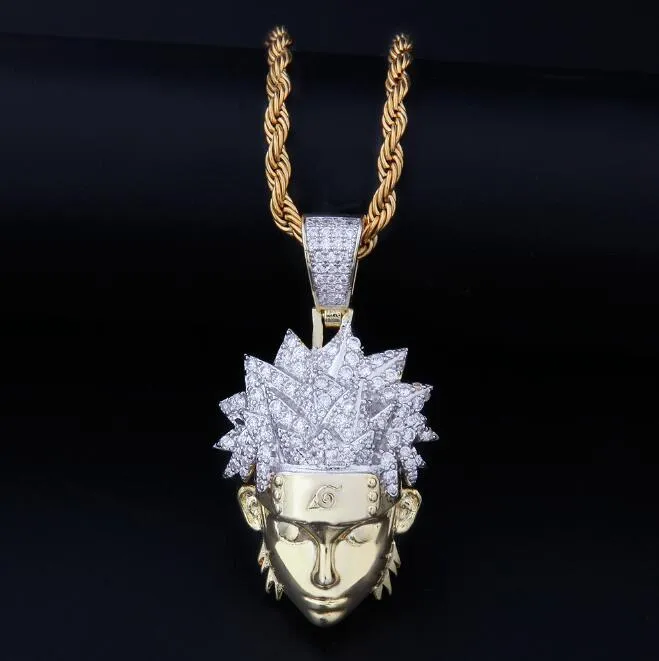 Collier pendentif NARUTO en or 14 carats glacé pour hommes, HIP HOP, Micro pavé de zircone cubique, collier de diamants simulés GB1286286u