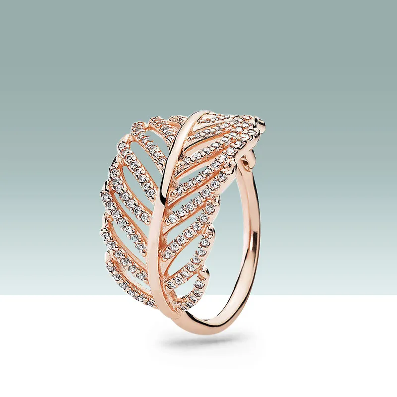 Lyx 18k Rose Gold Feather Ring Bröllop Smycken för Pandora Real Sterling Silver Kvinnor Flickor Ringar Med Original Box Sets