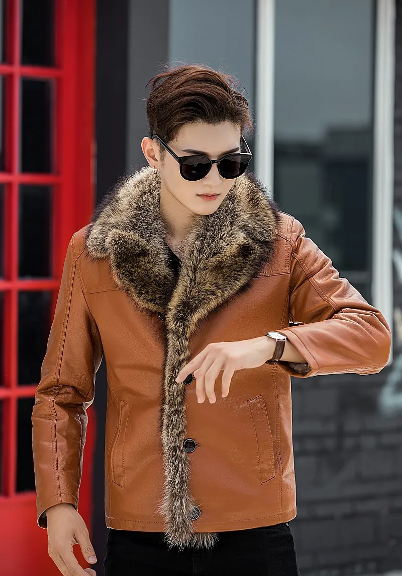 Men's Leather Faux Leather Winter Fur Leather Jacket Men Sheepskin Brown Coats Real Fur Collar Outerwear Overcoat Snow Wear Plus Size