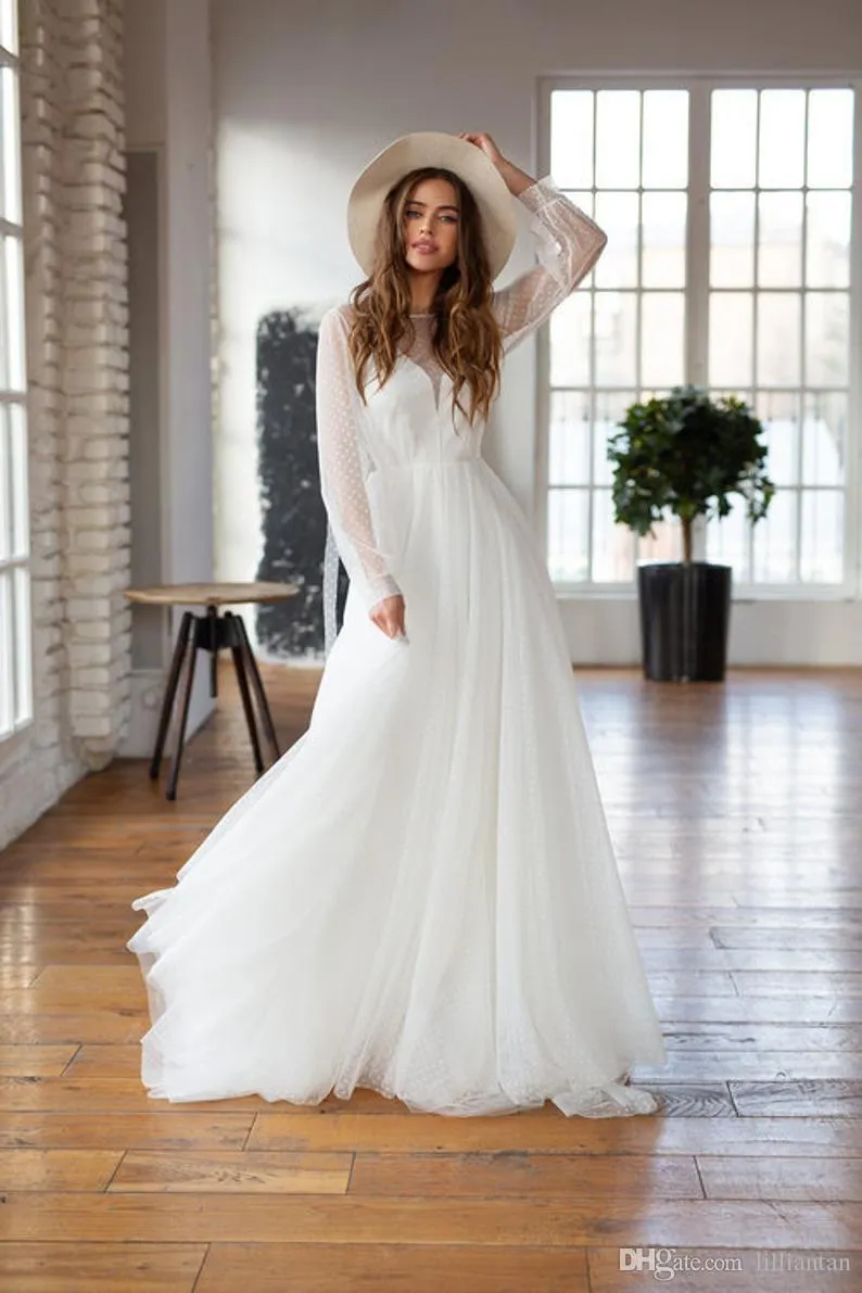Romantic Lace Boho Long Sleeve Wedding Dresses 2019 Summer Beach A